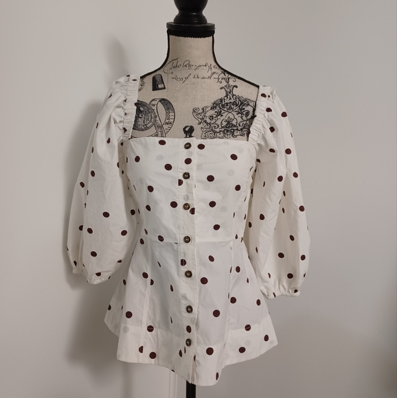 Ganni Polka Dot Print Square Neckline Blouse - Picture 2 of 11